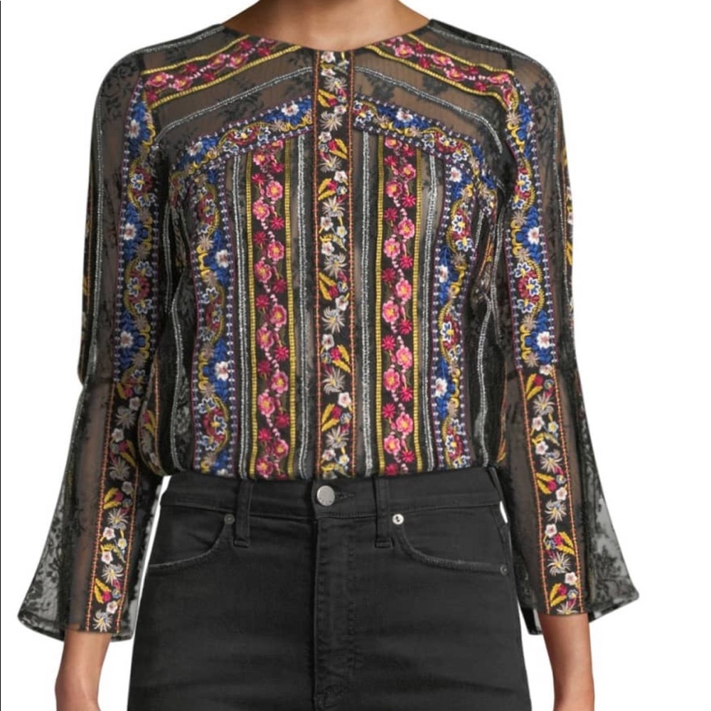 Alice + Olivia Larue Embroidered Slit-Sleeve Tip size XS